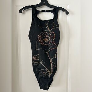 Black Swimsuit with Rose Design